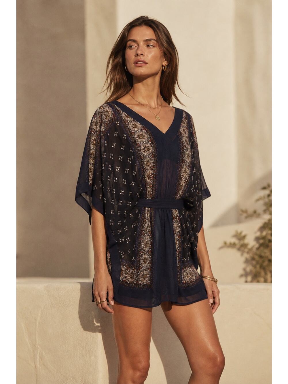 FREE PEOPLE Womens Boho Printed Kimono Tied Sleeve V-Neck Mini Dress Size XS